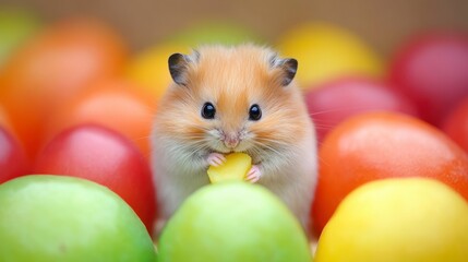 Cute Hamster Holding Food Surrounded by Colorful Eggs in Background