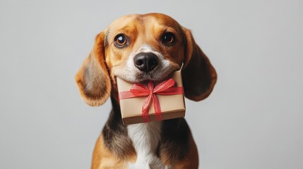 Gift-Giving Beagle Dog with Present in Its Mouth on Gray Background