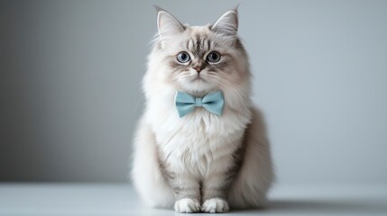 Elegant Cat with Blue Bow Tie in Minimalistic Setting