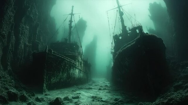 Two aged shipwrecks rest silently in a dimly lit underwater cavern, partially obscured by sediment and marine growth