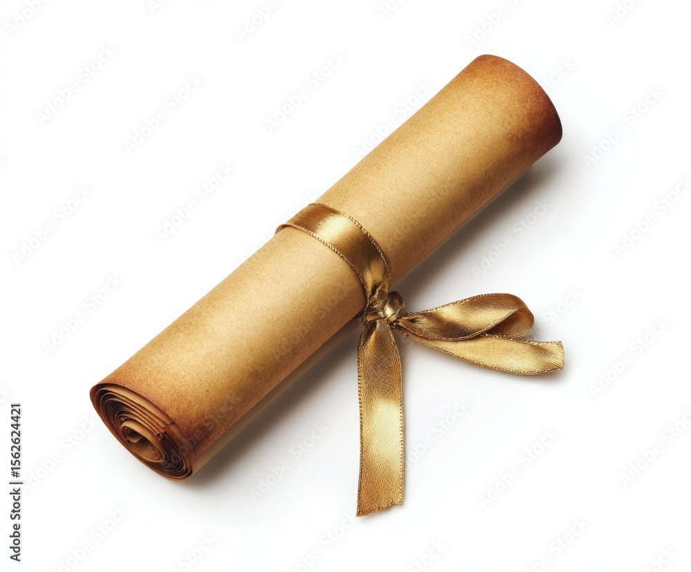 Poster traditional parchment scroll tied with a gold satin ribbon isolated on a white background for histor