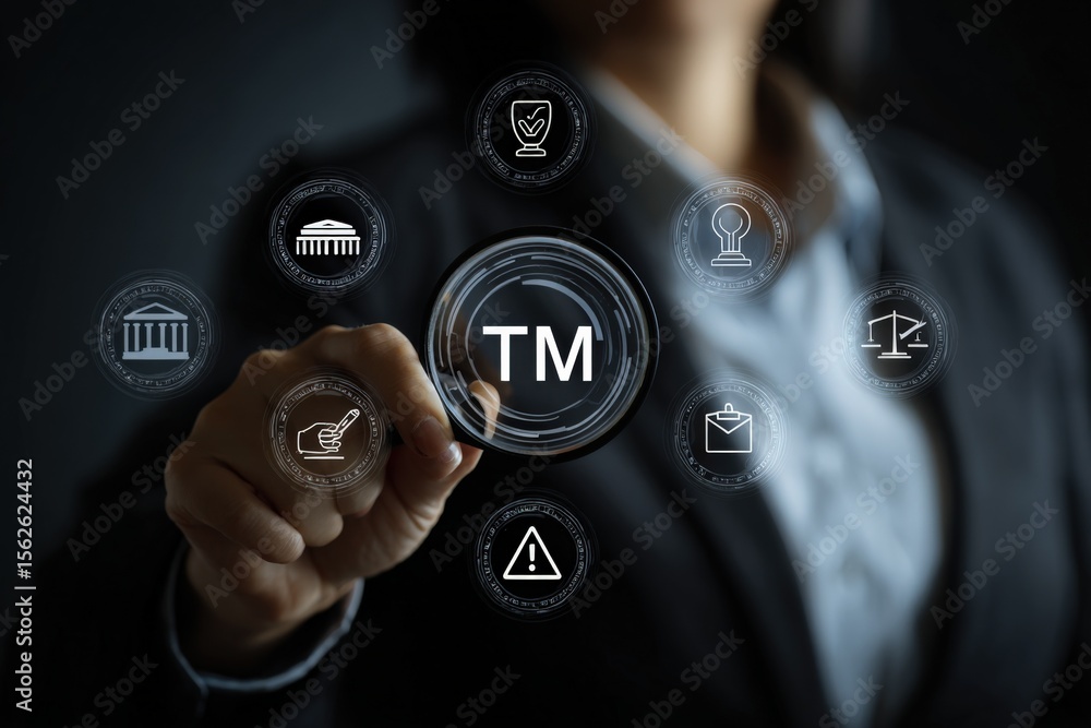 Fototapete modern business professional in formal attire pointing at digital icons representing technology inno
