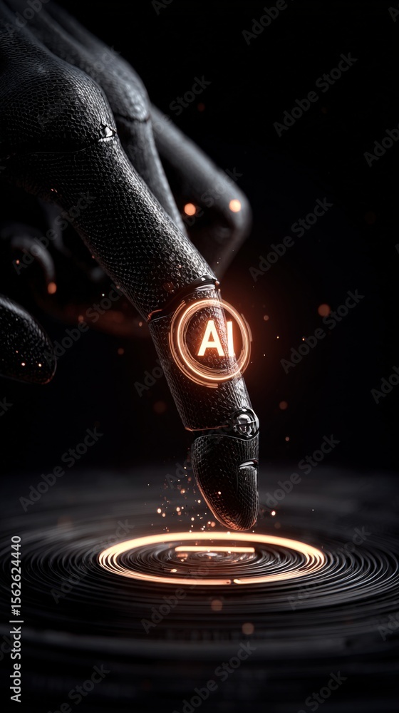 Aufkleber Close-up of a robotic finger with textured surface touching a water surface with digital AI symbol glowing and sparks flying in dark environment