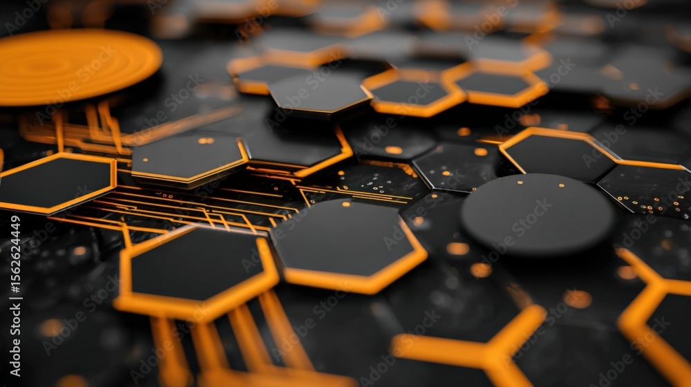 Aufkleber Futuristic black and orange interconnected hexagonal circuit board with glowing elements and electronic components for technology innovation