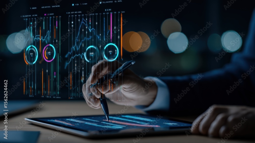 Aufkleber Businessperson Analyzing Financial Data and Charts on Digital Tablet with Futuristic Data Visualization in a Modern Office Setting