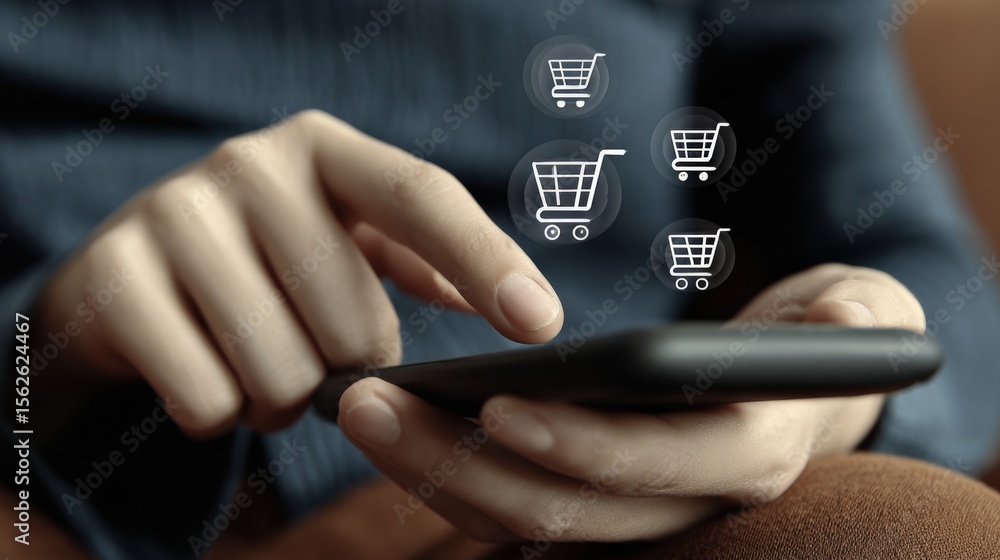 Poster close-up of person holding smartphone with digital shopping cart icons representing online shopping 