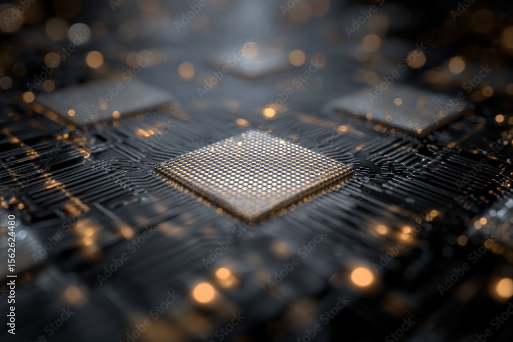 Poster Close-up of a futuristic microprocessor with intricate circuit design and glowing connections in a technological environment