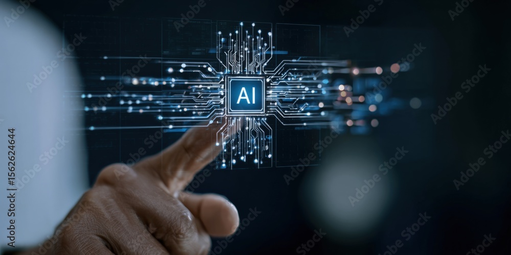 Poster Modern Artificial ligence Technology Concept with Human Touch Contacting Digital Brain and Circuitry in a High Tech Environment