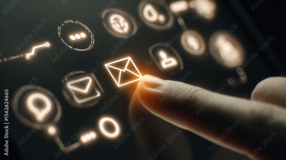 Poster Close-up of a person tapping an email icon on a futuristic digital touchscreen interface with glowing icons for communication and technology use
