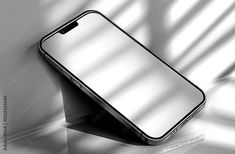 Poster Modern sleek smartphone with blank white screen placed on reflective surface with shadows and soft lighting for technology and communication concept