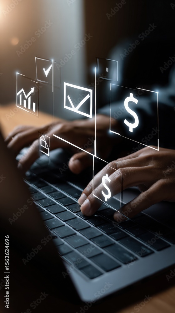 Poster modern business person using digital tablet with holographic icons for data analysis communication f