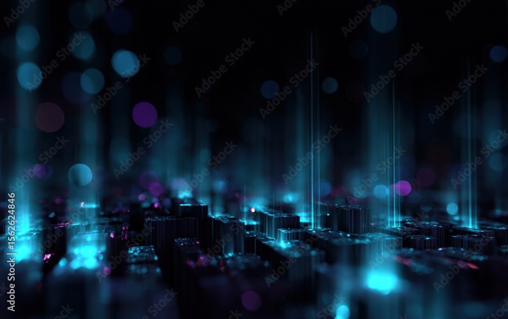Poster Futuristic abstract digital cityscape with neon lights and glowing data streams illustrating technology innovation in a high-tech urban environment