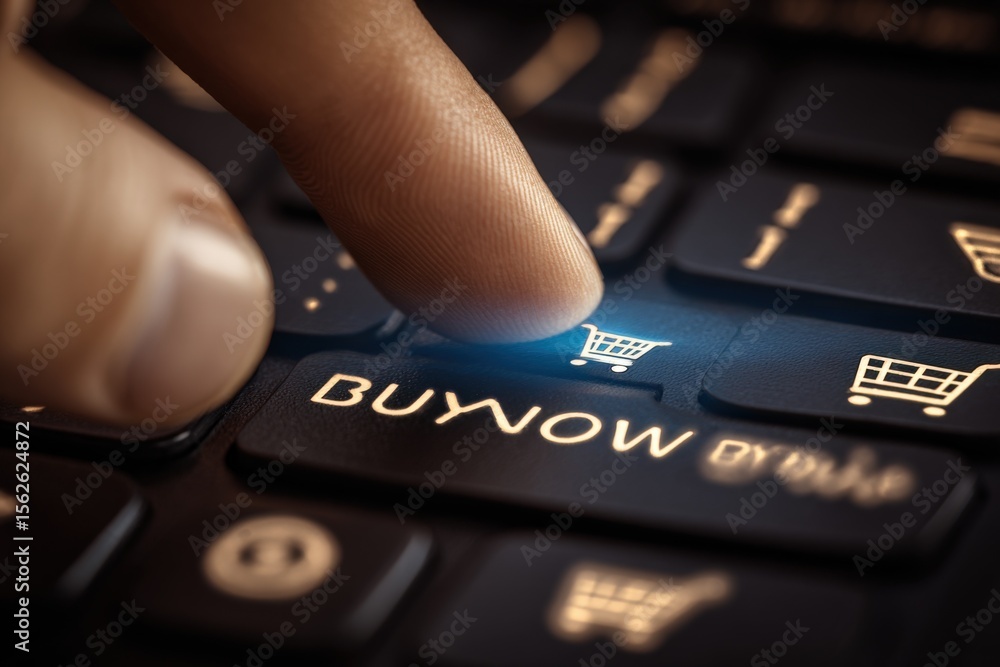 Poster close-up of a hand pressing a shopping cart icon button on a black keyboard for online shopping and 