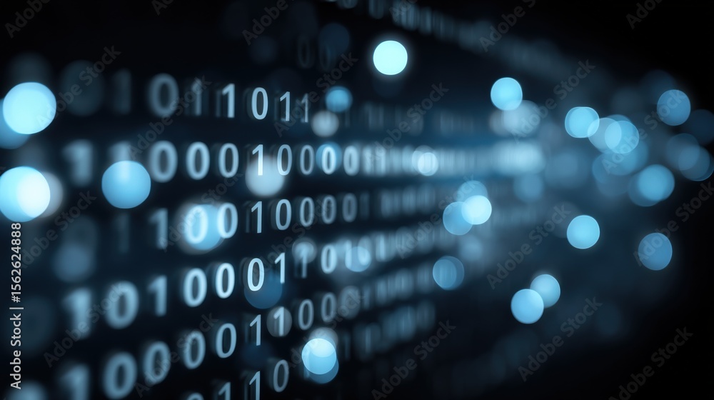 Aufkleber Futuristic digital data stream with binary code and glowing particles illustrating information technology and cyberspace concepts