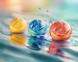 A dynamic physics simulation of marbles colliding on a smooth surface, each marble reflecting the environment