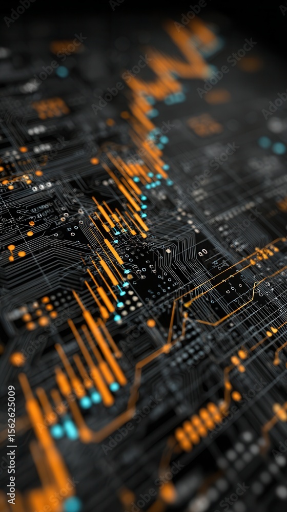 Poster abstract high-tech circuit board design with orange and blue elements