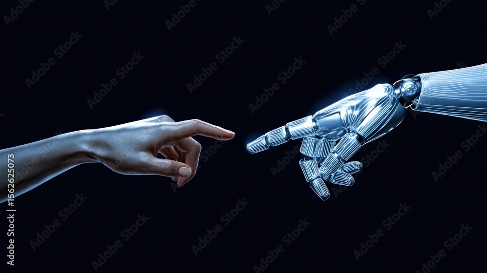 Poster human hand reaching out to touch a robotic hand in a futuristic technology concept with dark backgro