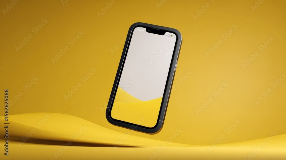 Poster Modern smartphone with large screen and sleek design displayed against vibrant yellow background with smooth surface and minimalistic style