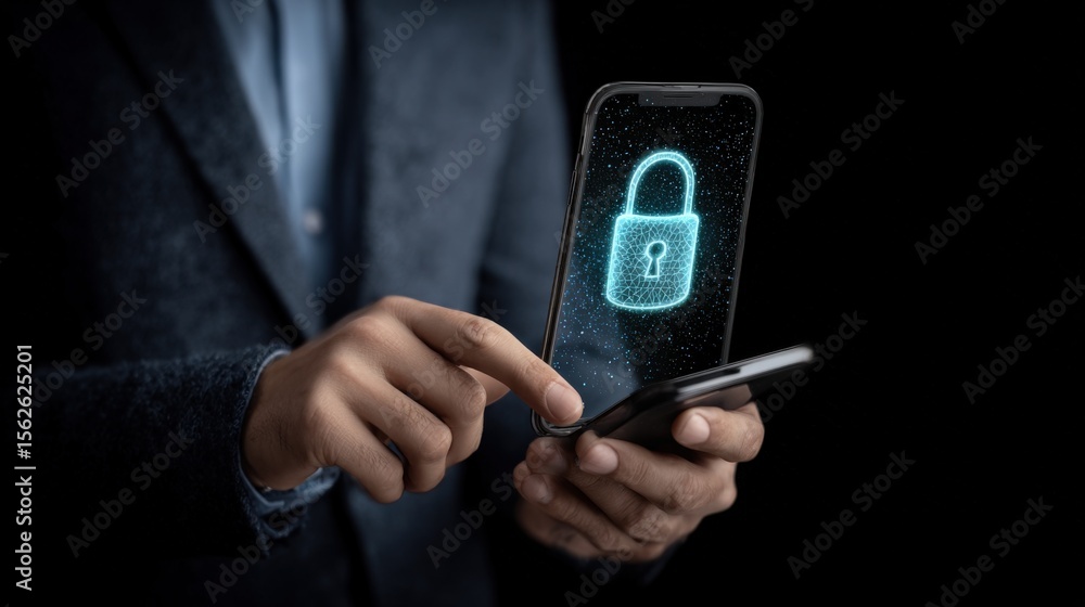 Poster Close-up of a person using a smartphone with glowing digital padlock icon representing mobile security and data protection technology