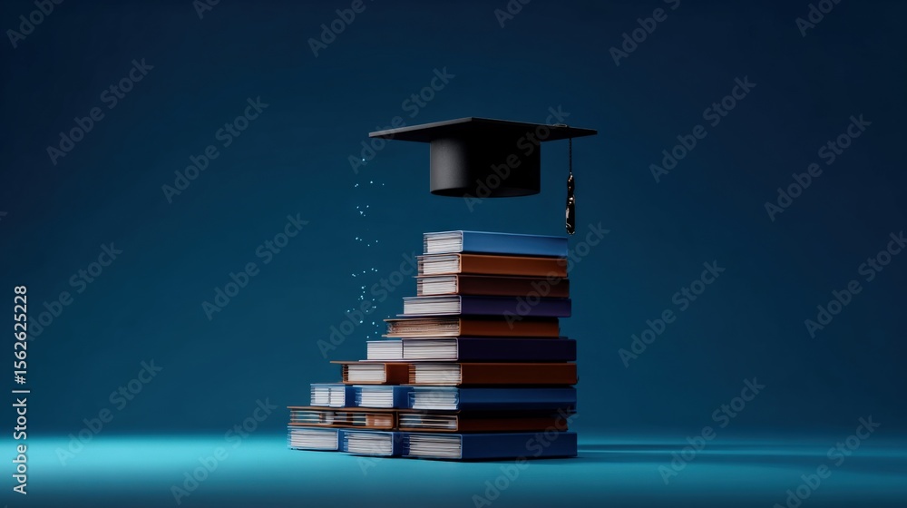 Poster stack of colorful books arranged in a tall pyramid with a graduation cap on top on a smooth surface 