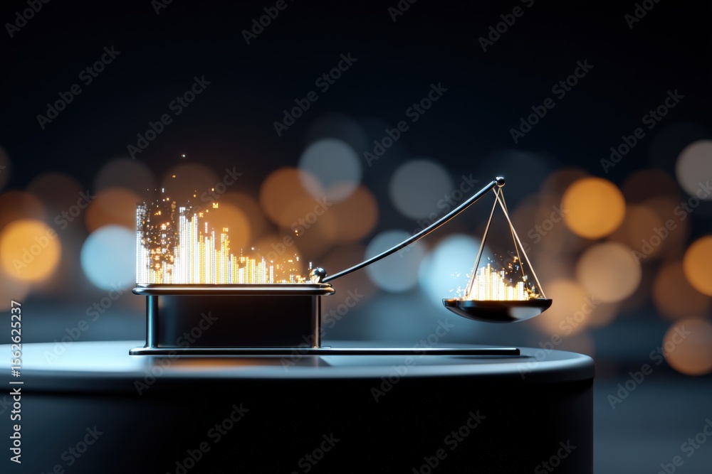 Poster Modern digital balance with glowing data charts on a holographic display representing financial analysis and data comparison in a futuristic setting