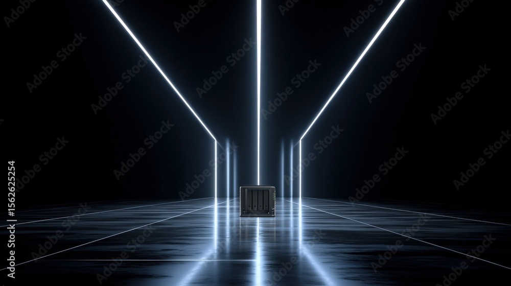 Aufkleber Futuristic scene with glowing blue laser beams converging in a high-tech dark room with a sleek rectangular device and reflective floor
