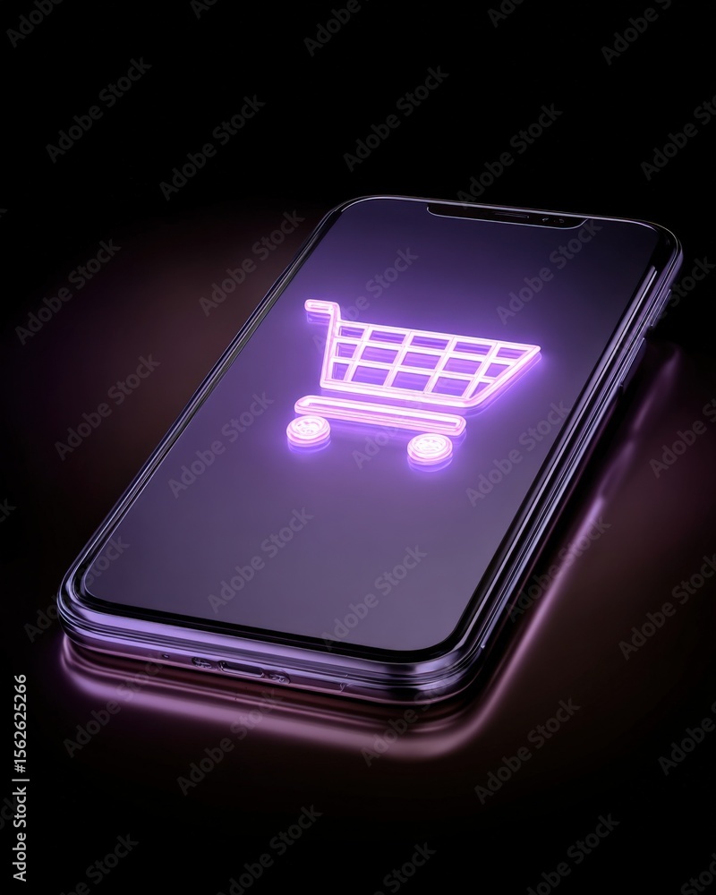 Poster modern smartphone with glowing shopping cart icon on screen depicting e commerce online shopping dig