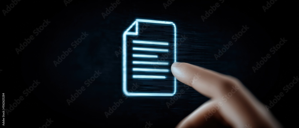 Aufkleber Digital Neon Document Icon on Dark Background with Hand Cursor Pointing at Screen for Technology and Data Representation