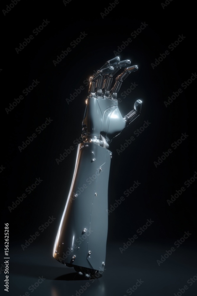 Poster Futuristic Prosthetic Hand with Metallic and Transparent Components Reaching Out in a Dark Background for Advanced Robotics Technology Concept