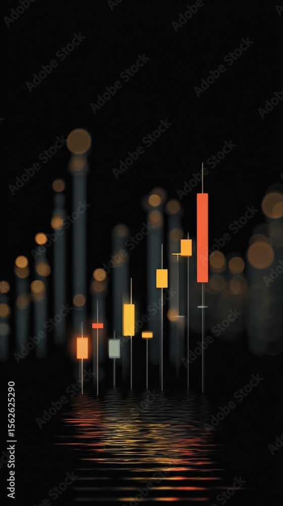 Poster abstract financial stock market chart with colorful candlestick patterns and glowing bokeh lights at