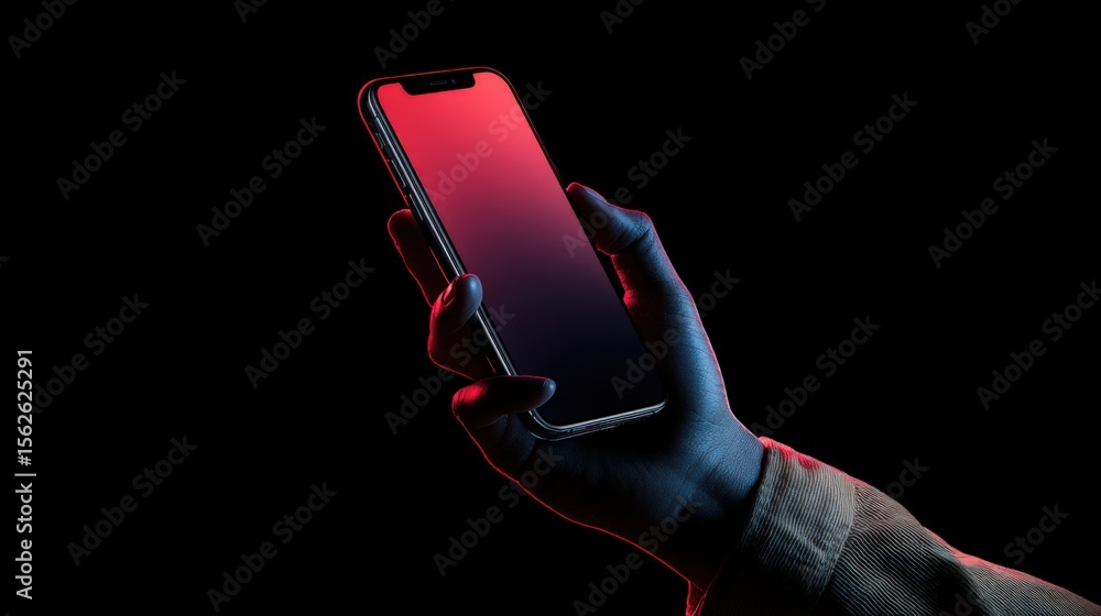 Poster Close-up of a human hand holding a modern smartphone with a blank screen in a dark setting emphasizing sleek design and vibrant display