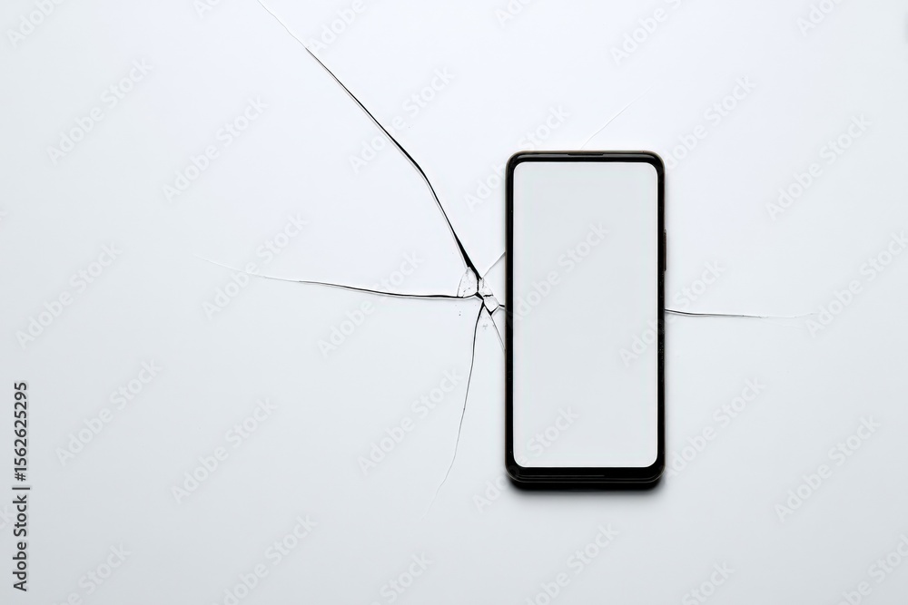Poster Modern smartphone with a blank screen embedded in a sleek black case, lying flat on a white surface with cracked glass effect around it