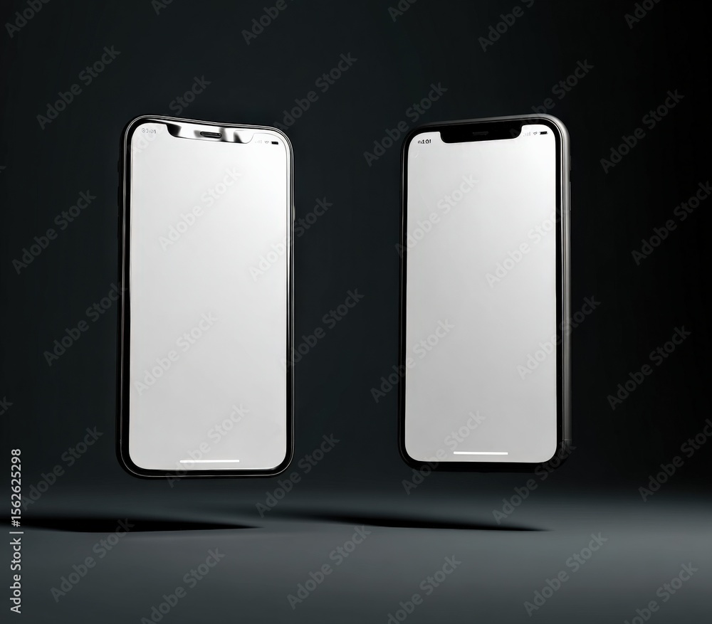 Poster Modern sleek smartphones with large screens and minimal bezels standing upright on a dark background for technology and communication themes