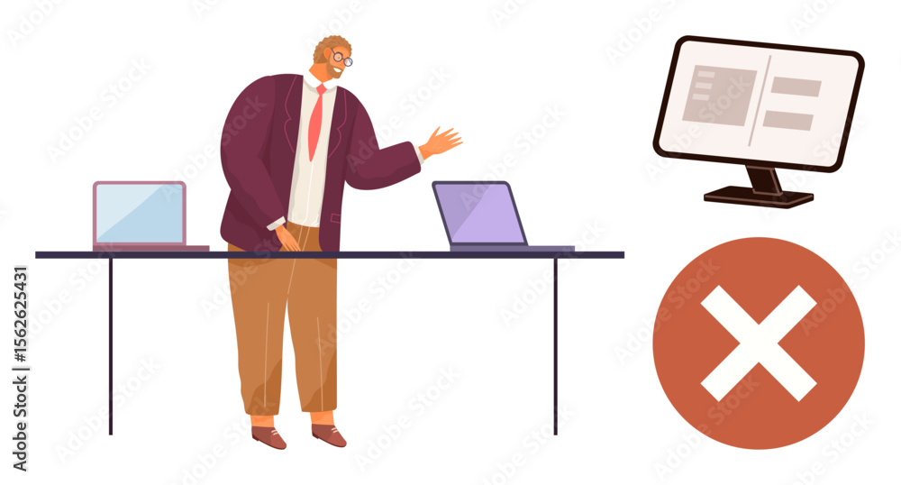 Poster man gesturing toward two laptops on a table, office desk computer with error cross sign. ideal for b