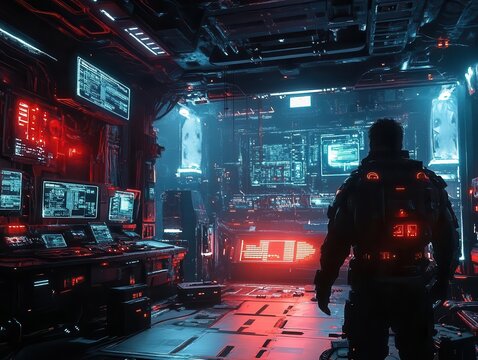 Fototapeta A futuristic scifi game scene with glowing neon elements, detailed character models, and dynamic backgrounds, cinematic depth