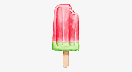 Watercolor popsicle with a bite taken out, pink and green, on white background
