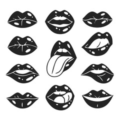 Lips Vector Icon Pack. Vector illustration of sexy women's black and white lips, expressing different emotions, such as smile, kiss, half-open mouth, biting lip, lip licking, tongue out. Isolated.