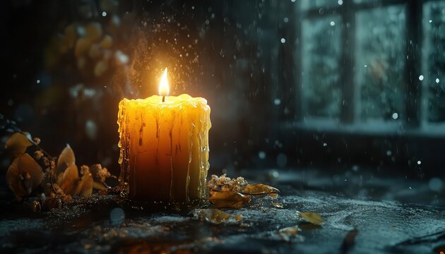 A hyperrealistic animation of a candle burning, with wax melting naturally and flickering flame lighting the scene