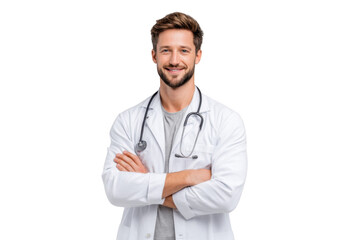Fototapeta premium A confident male healthcare professional in a white lab coat smiles with arms crossed. showcasing a stethoscope around his neck. set against a neutral background. symbolizing trust and professionalism