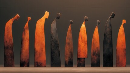 Abstract Wooden Figures in a Line Displaying Various Postures