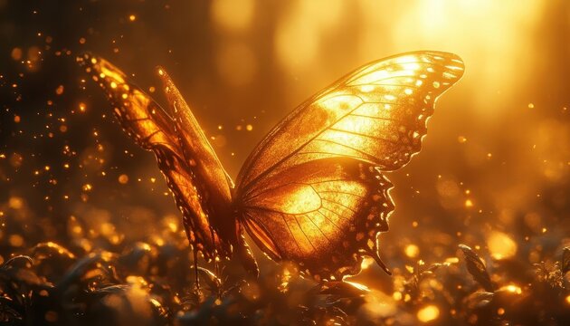 A realistic 3D animation of a fluttering butterfly, with intricate wing textures and soft ambient lighting
