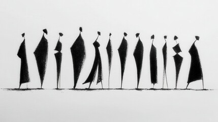 Abstract silhouettes of people standing in line on a white background
