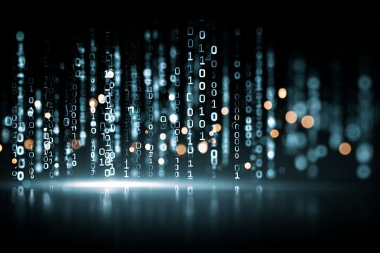 Abstract binary code data stream with glowing lights in dark environment