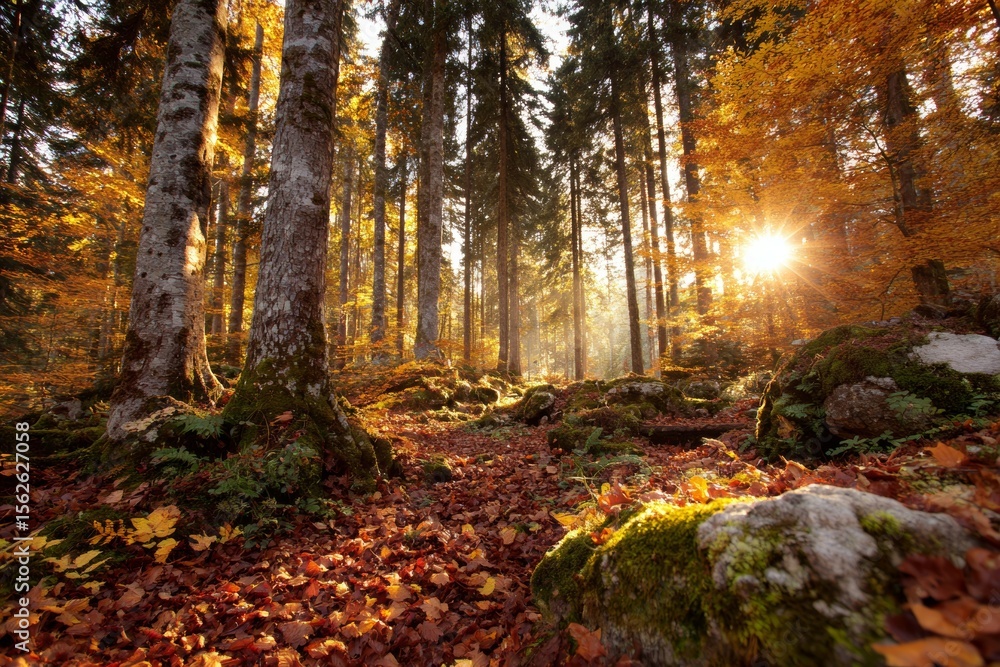 Poster sunlight filtering through autumn forest trees with vibrant fall foliage