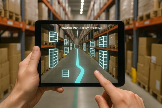 Warehouse management system using tablet for inventory control and route optimization process flow automation
