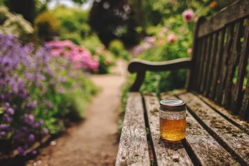 Beautiful glass jar with golden honey resting on a rustic wooden bench surrounded by vibrant flowers and lush greenery in a tranquil garden setting.