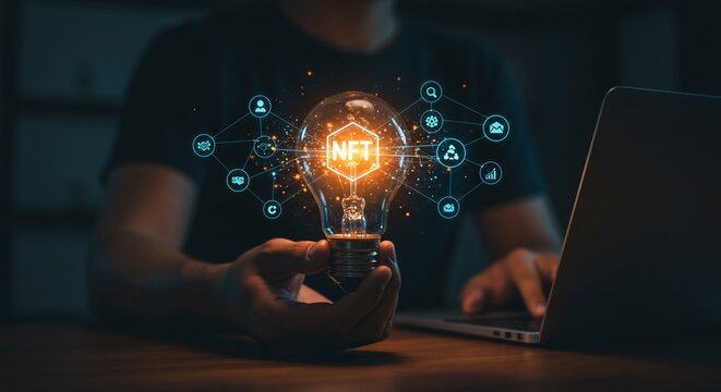 Innovative NFT Concept: Man Holding Light Bulb with Digital Network