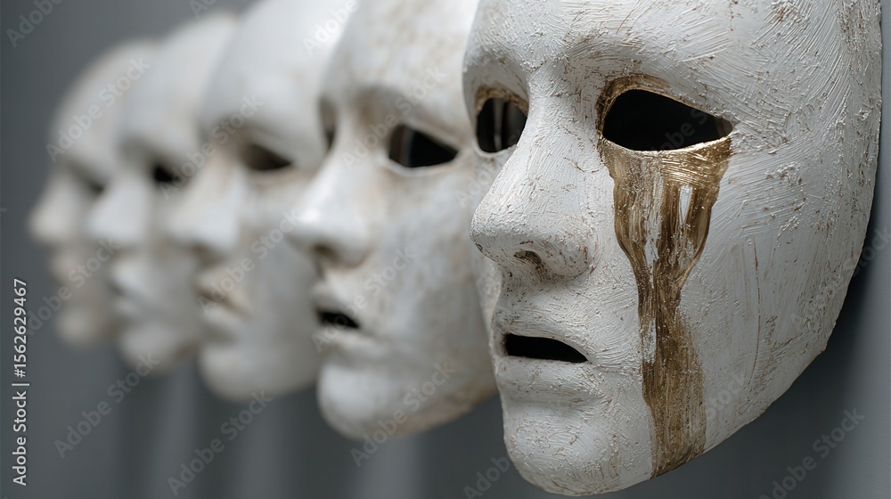 Poster unique expressionless masks with distressed features on display