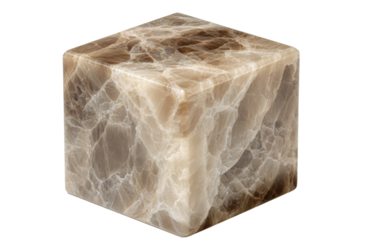 A small, white, and brown cube made of stone