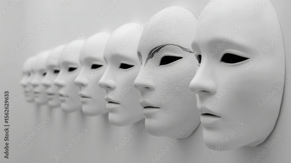 Poster white faceless masks in a row against a minimalistic background
